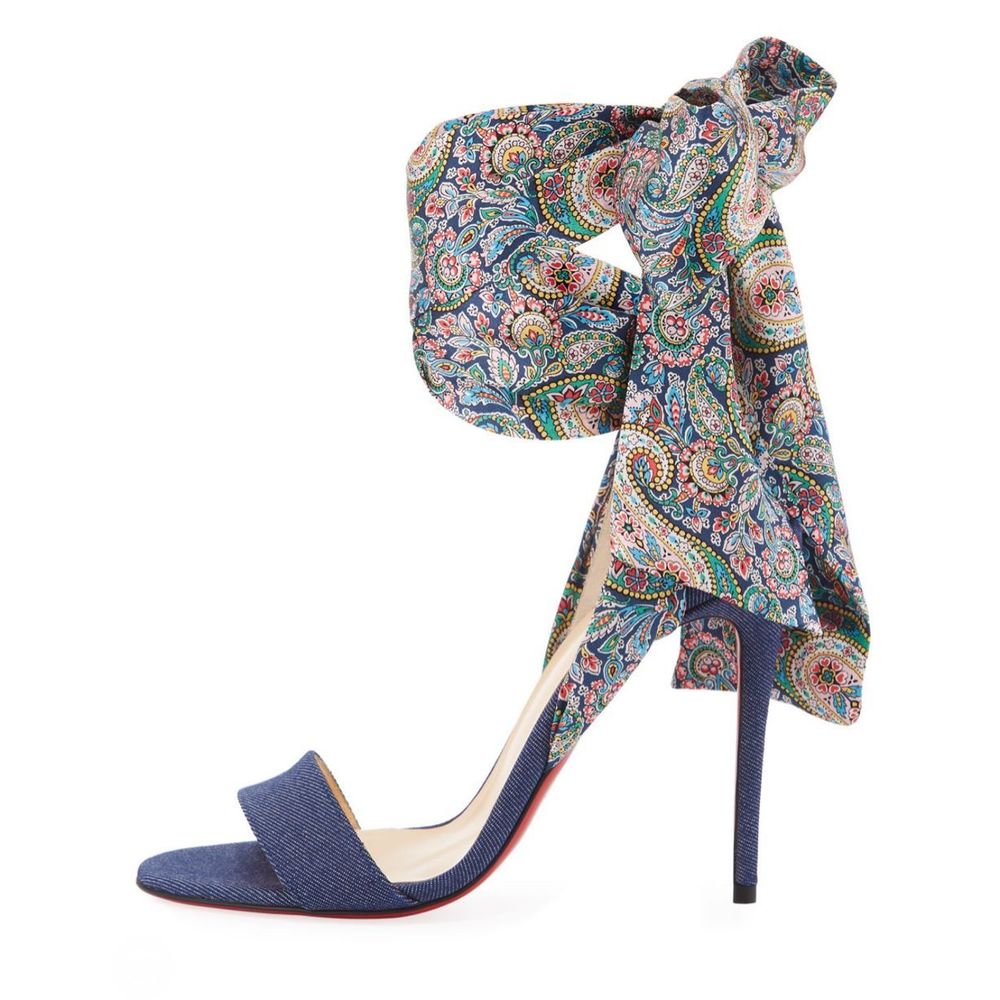CHRISTIAN LOUBOUTIN Denim Du Desert Ankle Tie 100mm Sandal Size 41 Silk Paisley